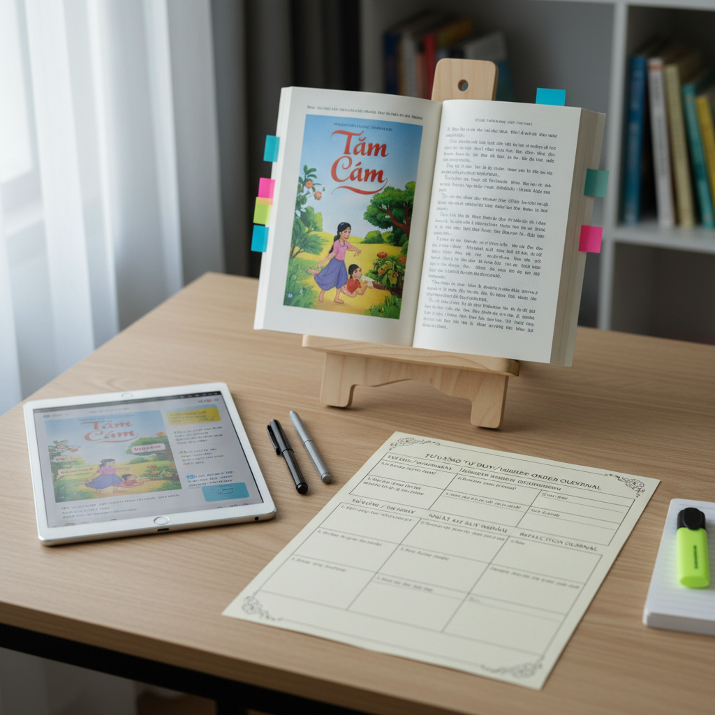 A neatly organized tabletop scene showing a structured bilingual reading activity in progress, without any people. At the center, a Vietnamese storybook is propped open with a simple wooden stand, while beside it a printed worksheet features columns for vocabulary, questions that prompt higher-order thinking, and a space for reflection in both languages. Colorful sticky tabs mark key pages, and a slim tablet displays a digital annotation of the same text. Cool, diffused daylight from a nearby window creates minimal shadows and a focused, studious feel. Photographed from a slightly elevated angle with sharp focus across the entire frame, the composition feels methodical and professional, highlighting the deliberate planning of learning activities aligned with the book.