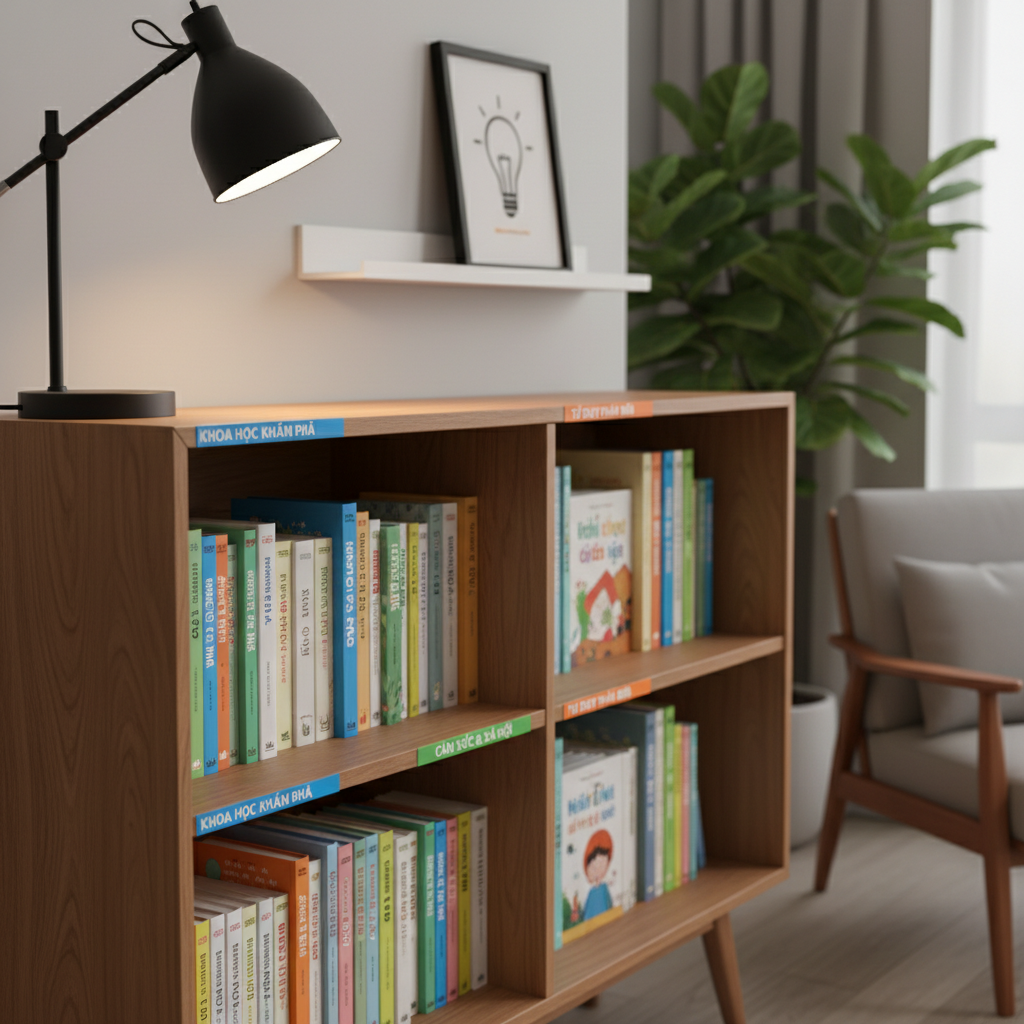 A close-up, photographic view of a tidy study corner featuring a mid-century modern bookshelf filled with Vietnamese and bilingual children’s literature. Color-coded spine labels indicate themes like science inquiry, social-emotional learning, and critical thinking. On the adjacent white floating shelf, a small framed print of a simple lightbulb icon symbolizes higher-order thinking. Soft, warm lamplight from a sleek, matte-black desk lamp washes over the spines, creating gentle highlights and a cozy academic ambience. Shot from a slightly low, diagonal angle, the foreground shelf edges lead the eye into deeper rows of books, with the background fading into a soft blur. The atmosphere feels intentional, scholarly, and inviting, emphasizing expert curation and curriculum-focused book selection in a clean, contemporary style.