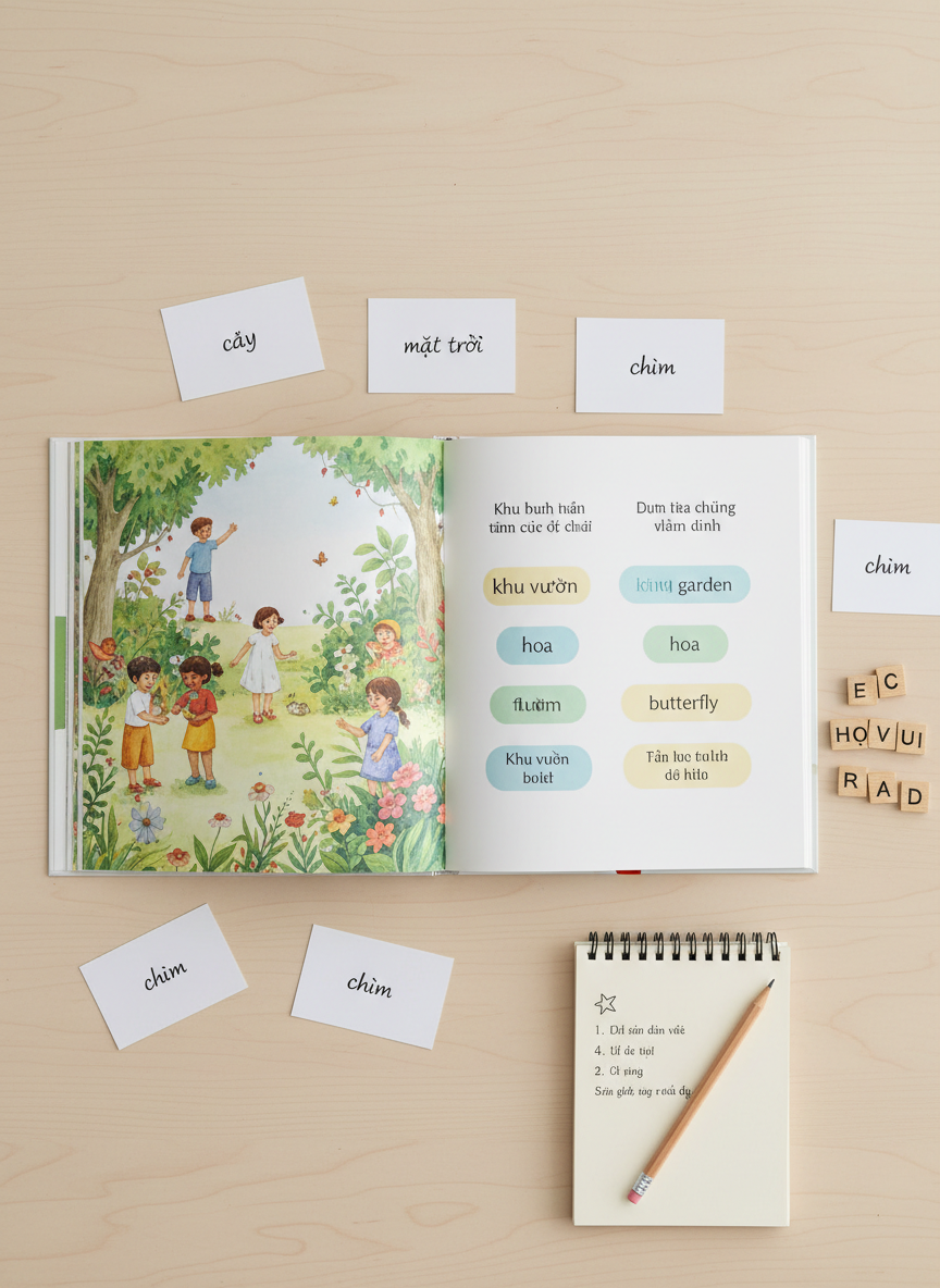 An overhead view of an open picture book printed in Vietnamese and English, laid flat on a smooth, pale oak table. The left page shows vivid watercolor illustrations of children exploring a garden, while the right page presents parallel bilingual text in clean, readable fonts, with key vocabulary highlighted in soft pastel boxes. Around the book lie neatly arranged index cards with Vietnamese words, wooden letter tiles, and a sharpened pencil resting on a minimalist notebook. Diffused natural daylight from above creates even, shadow-soft lighting. The composition uses a centered focus on the open book with surrounding materials gently blurred, evoking an organized, inquiry-based learning environment. The photographic style is bright, professional, and pedagogically focused.